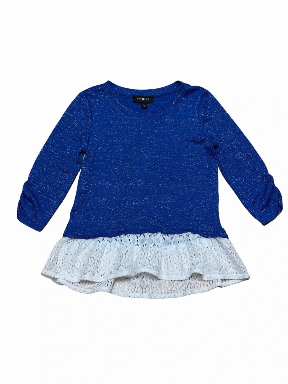 Amy Byer Girls Royal Blue Metallic Sparkle Lace Ruffle Hem Top Large 14